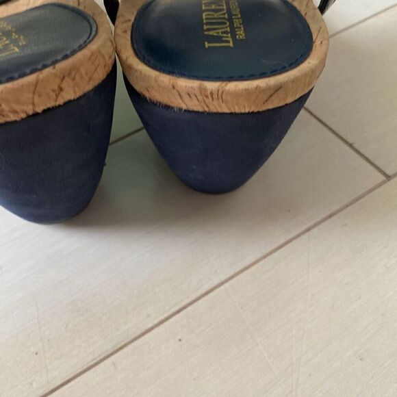 Lauren Ralph Lauren Reeta Buckle T-Strap Cork Wedge Sandals Black Tan Size 9.5B - Picture 5 of 5